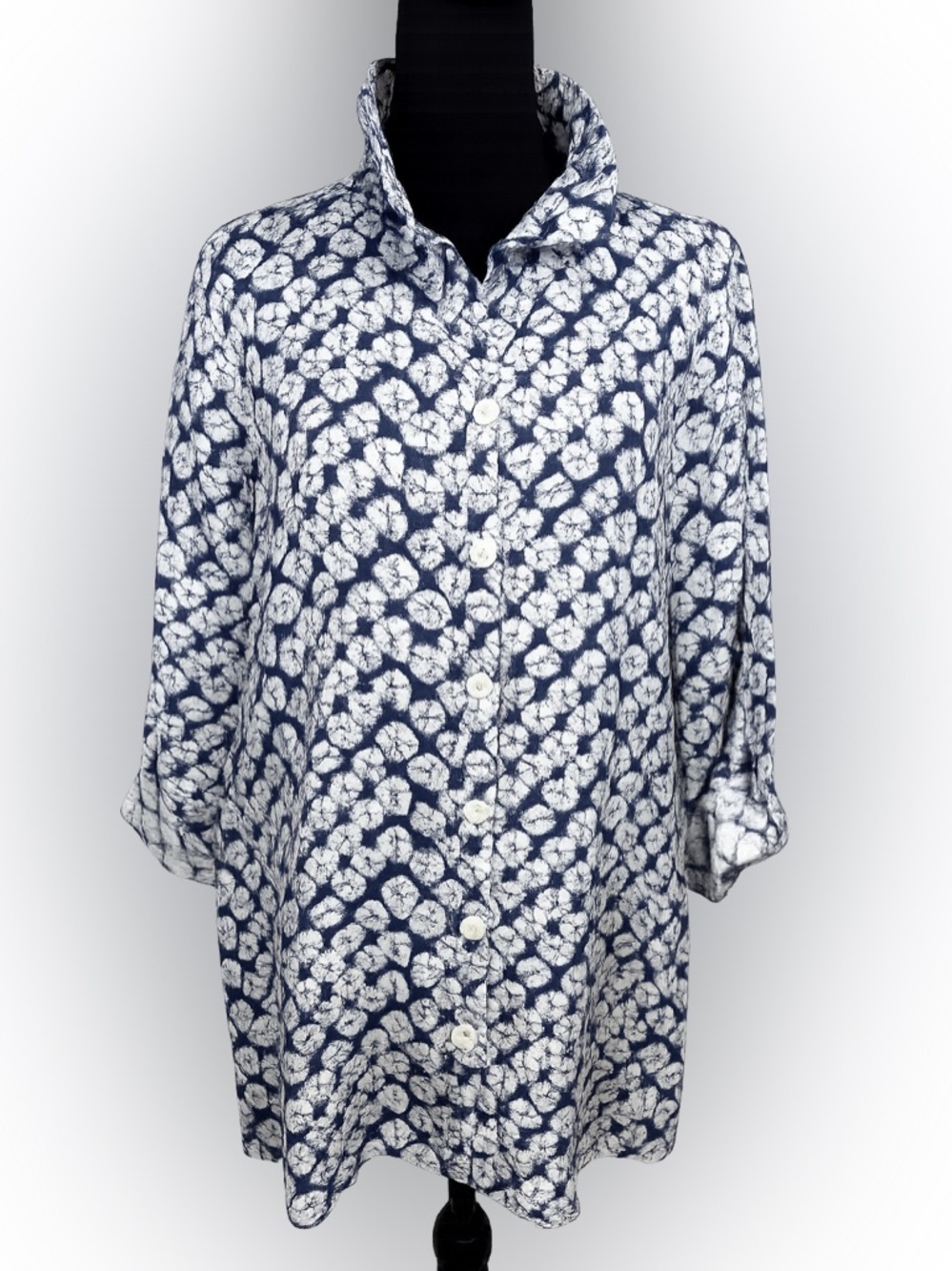 John Mark 100% Linen Blue White Shibori Print Button Front Roll Tab Shirt Medium